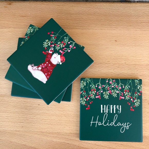 Christmas Happy Holidays Box of 4 Pc. Green Red Holidays Ceramic Coasters - Picture 15 of 15